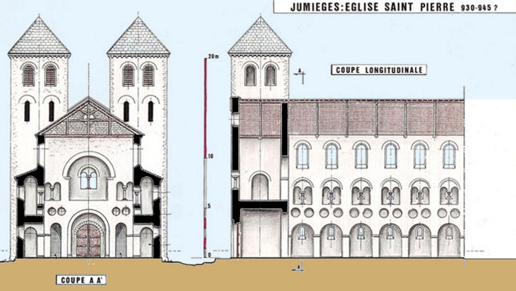 abbatiale Saint-Pierre de Jumièges (76) coupes Philippe Gavet montrant le revers du bloc de façade ouest et la première version des deux tours